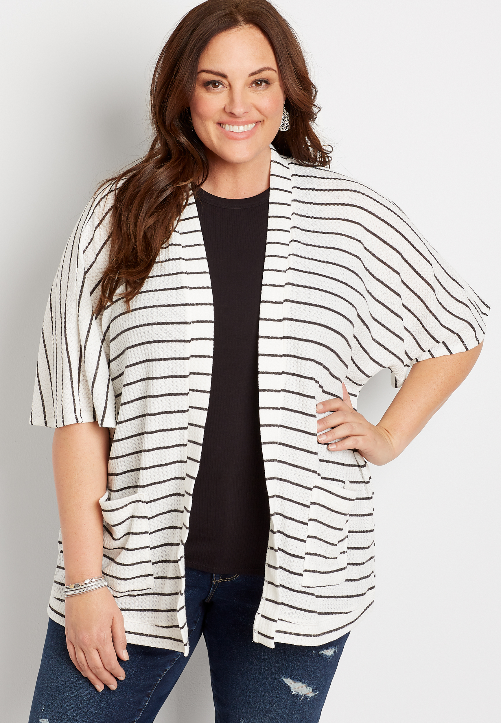 Plus Size Stripe Waffle Knit Smocked Back Cardigan maurices