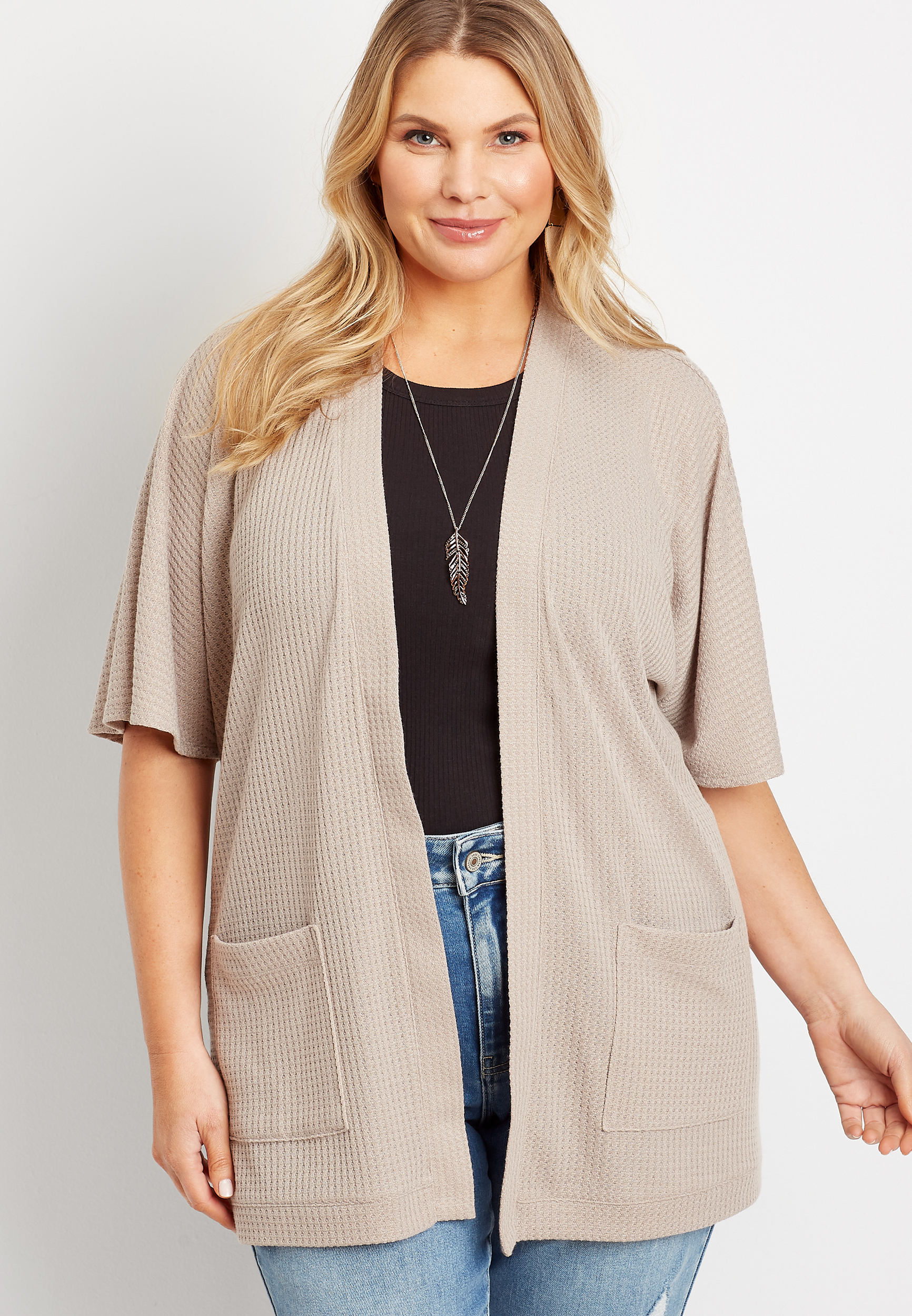 Plus Size Solid Waffle Knit Smocked Back Cardigan | maurices