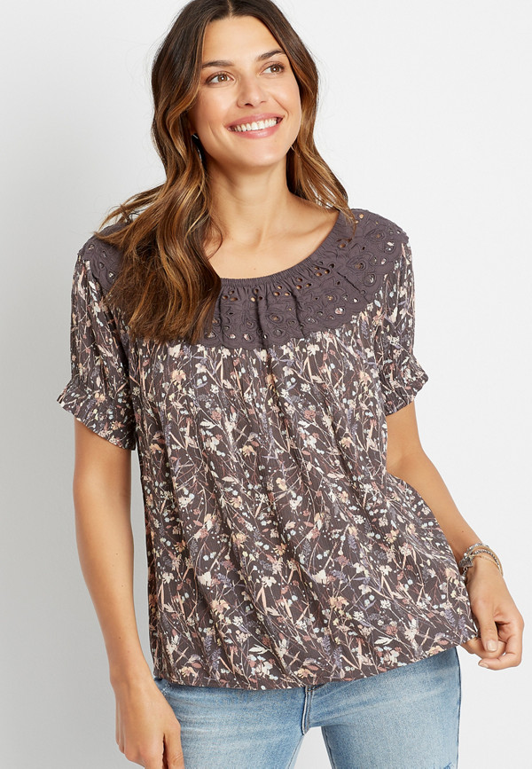 Eyelet Floral Short Sleeve Top | maurices