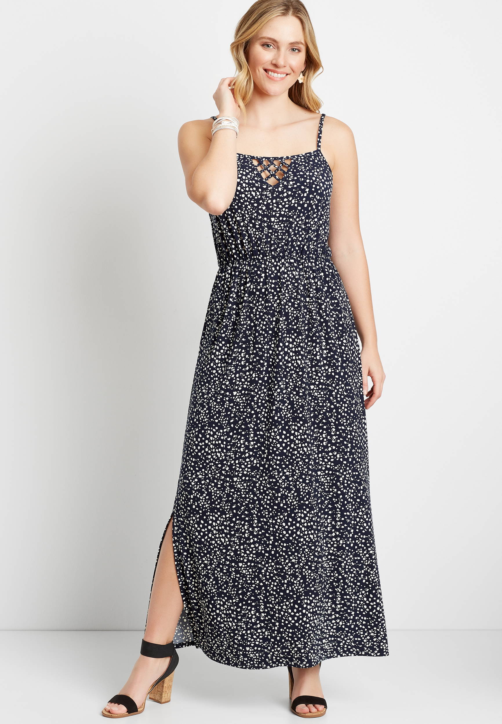 Blue Animal Dot Strappy Neck Maxi Dress | maurices
