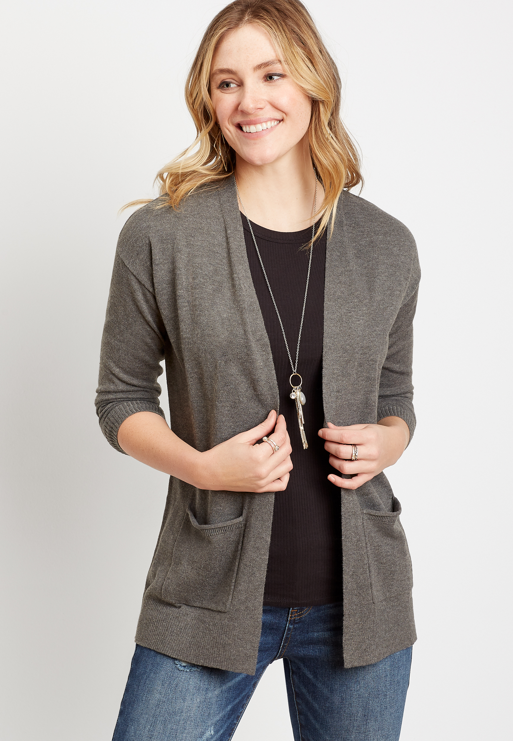 Solid Open Front Pocket Tunic Cardigan | maurices