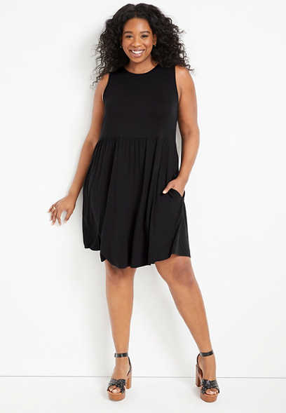 Plus Size 24/7 Black Empire Waist Pocket Dress