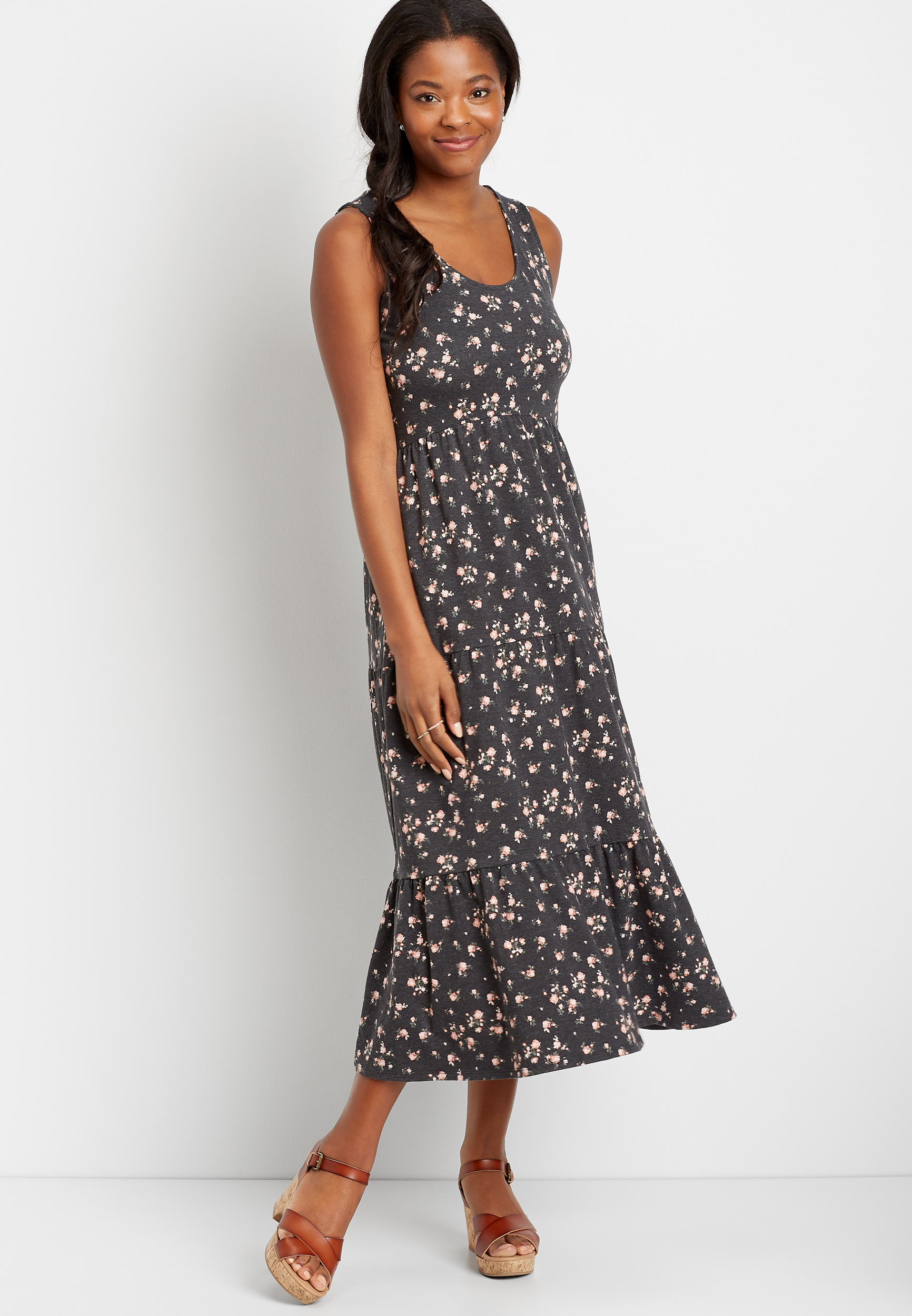 24/7 Dark Gray Floral Tiered Maxi Dress | maurices