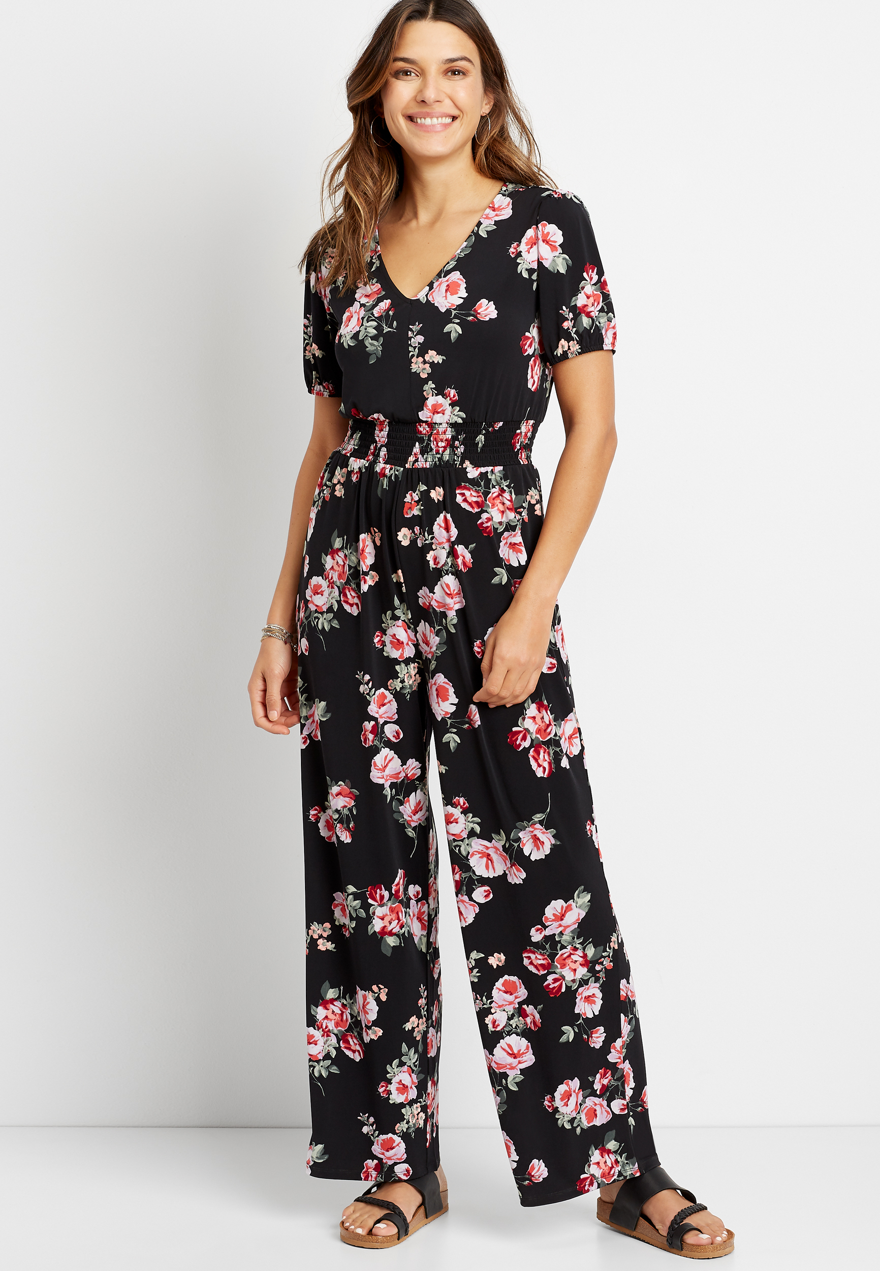 Black Floral Smocked Waist V Neck Jumpsuit maurices