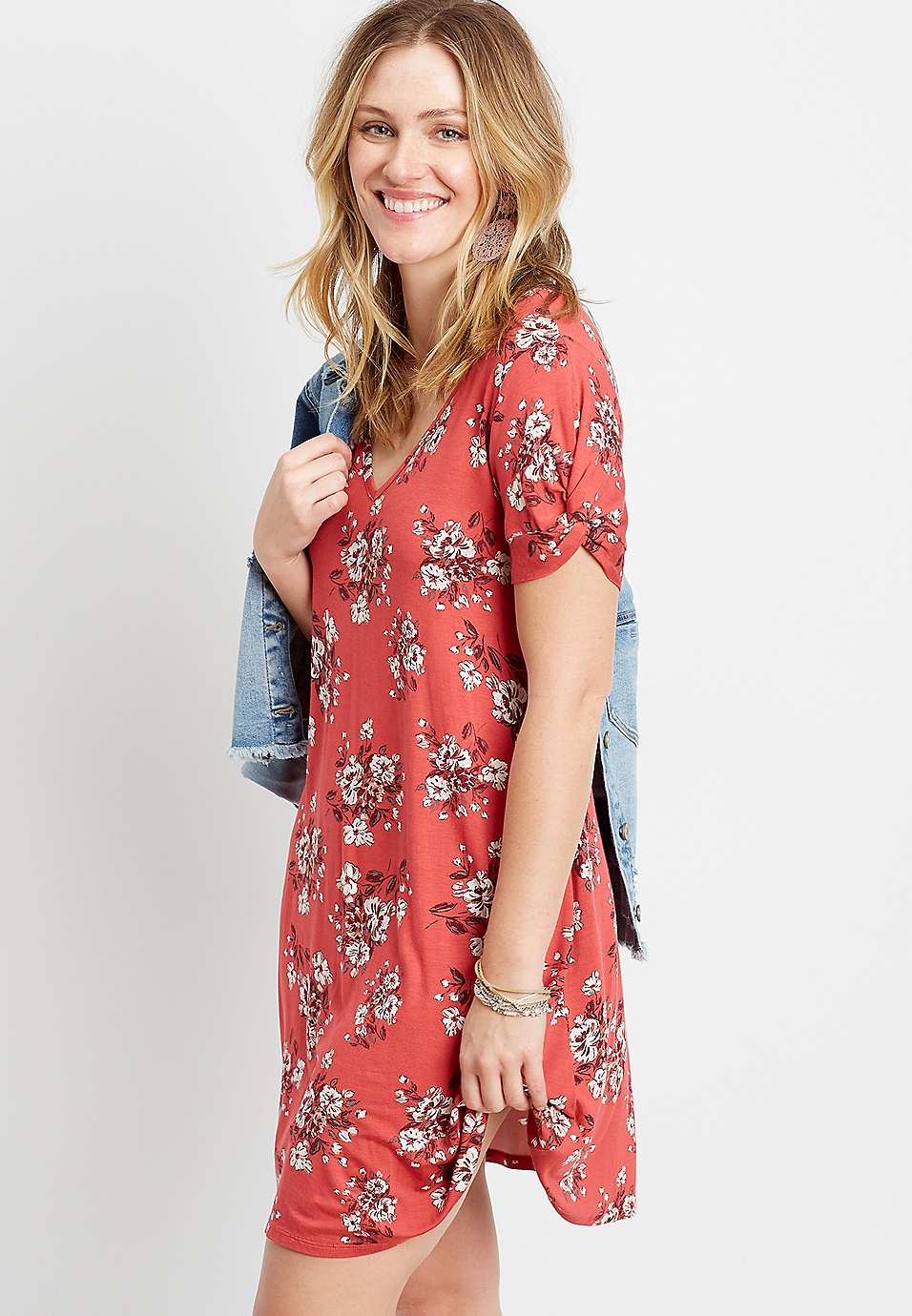 24/7 Red Floral Twist Sleeve Shift Dress