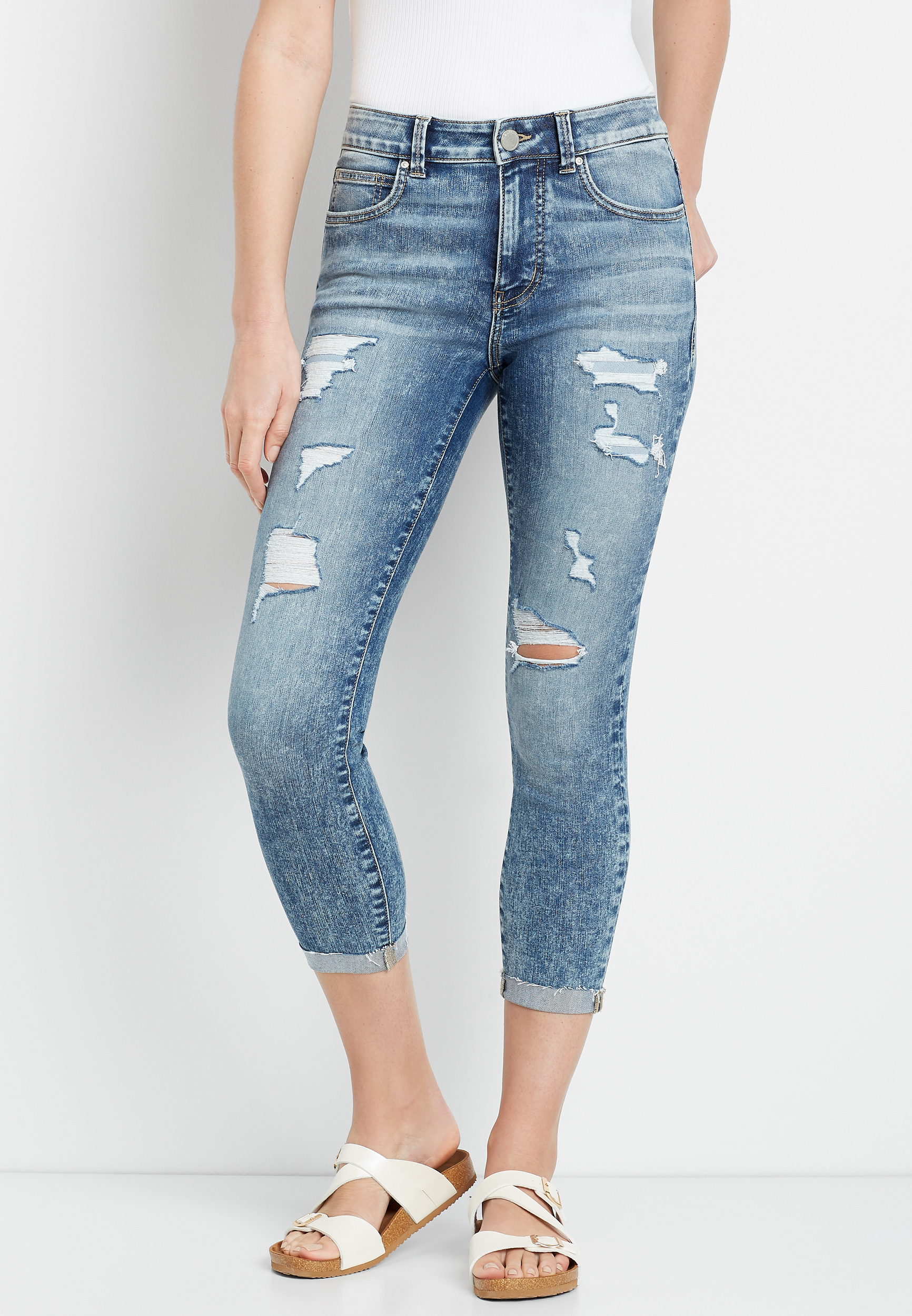 m jeans by maurices™ Everflex™ High Rise Light Ripped Cropped Jean ...