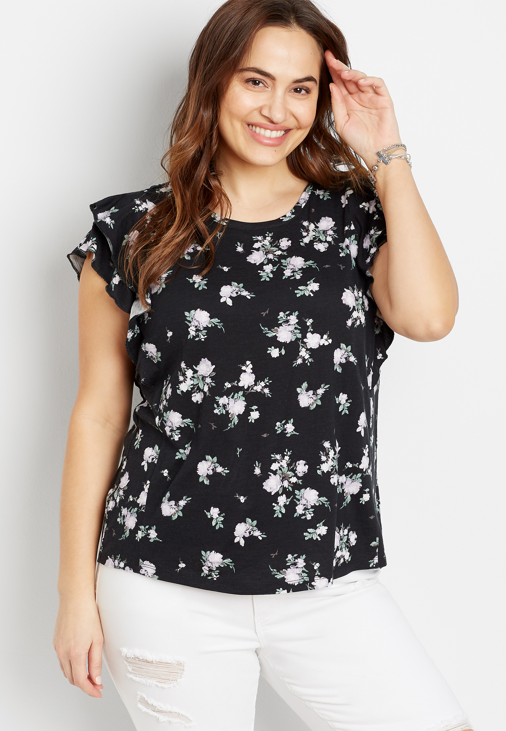 Plus Size 24/7 Black Floral Ruffle Sleeve Tee | maurices