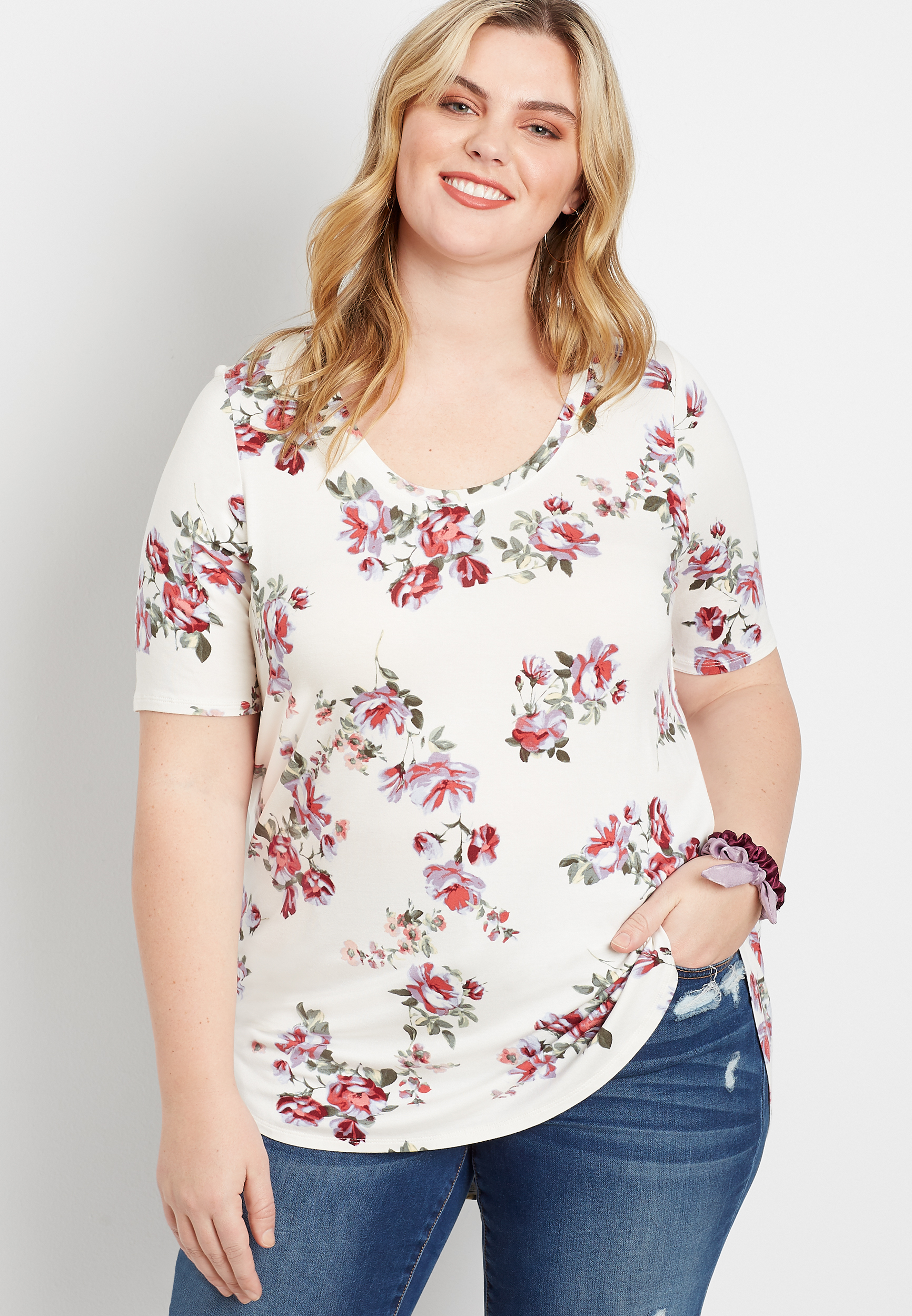 Plus Size 24/7 White Floral Flawless Tunic Tee | maurices