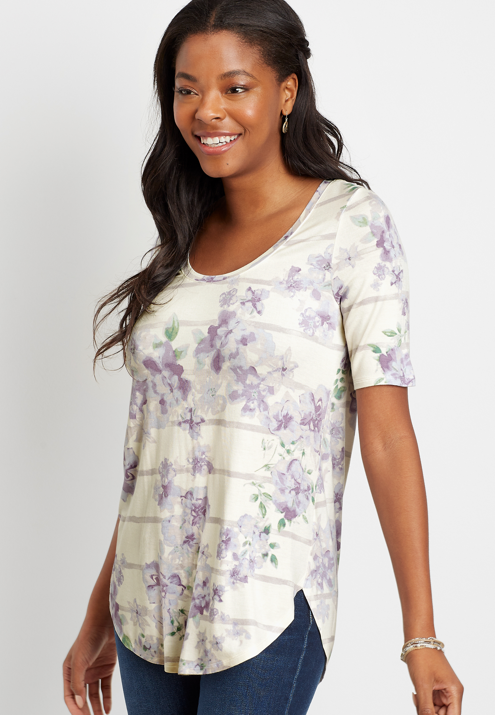 24/7 Lilac Floral Stripe Flawless Tee | maurices