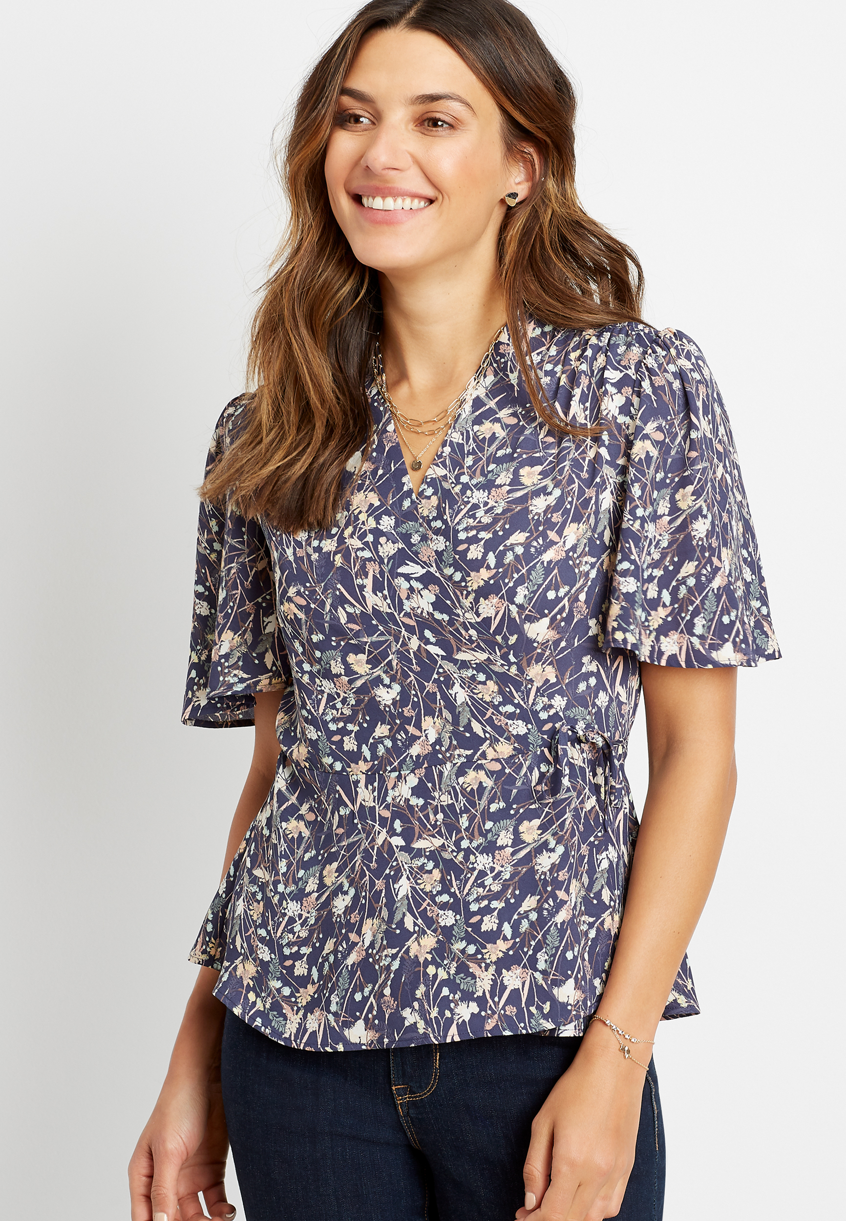 Navy Floral Wrap Flutter Sleeve Blouse | maurices