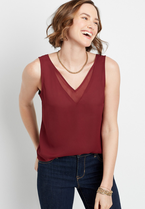Red Sheer Inset V Neck Tank Top | maurices