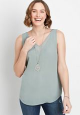 Olive Sheer Inset V Neck Tank Top, C2527, small