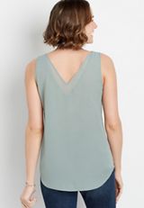 Olive Sheer Inset V Neck Tank Top, C2527, small