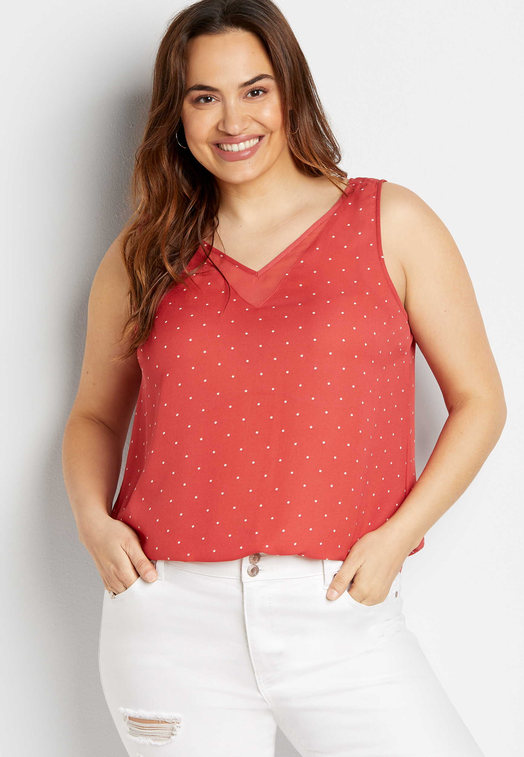 Plus Size Red Polka Dot Sheer Inset V Neck Tank Top | maurices