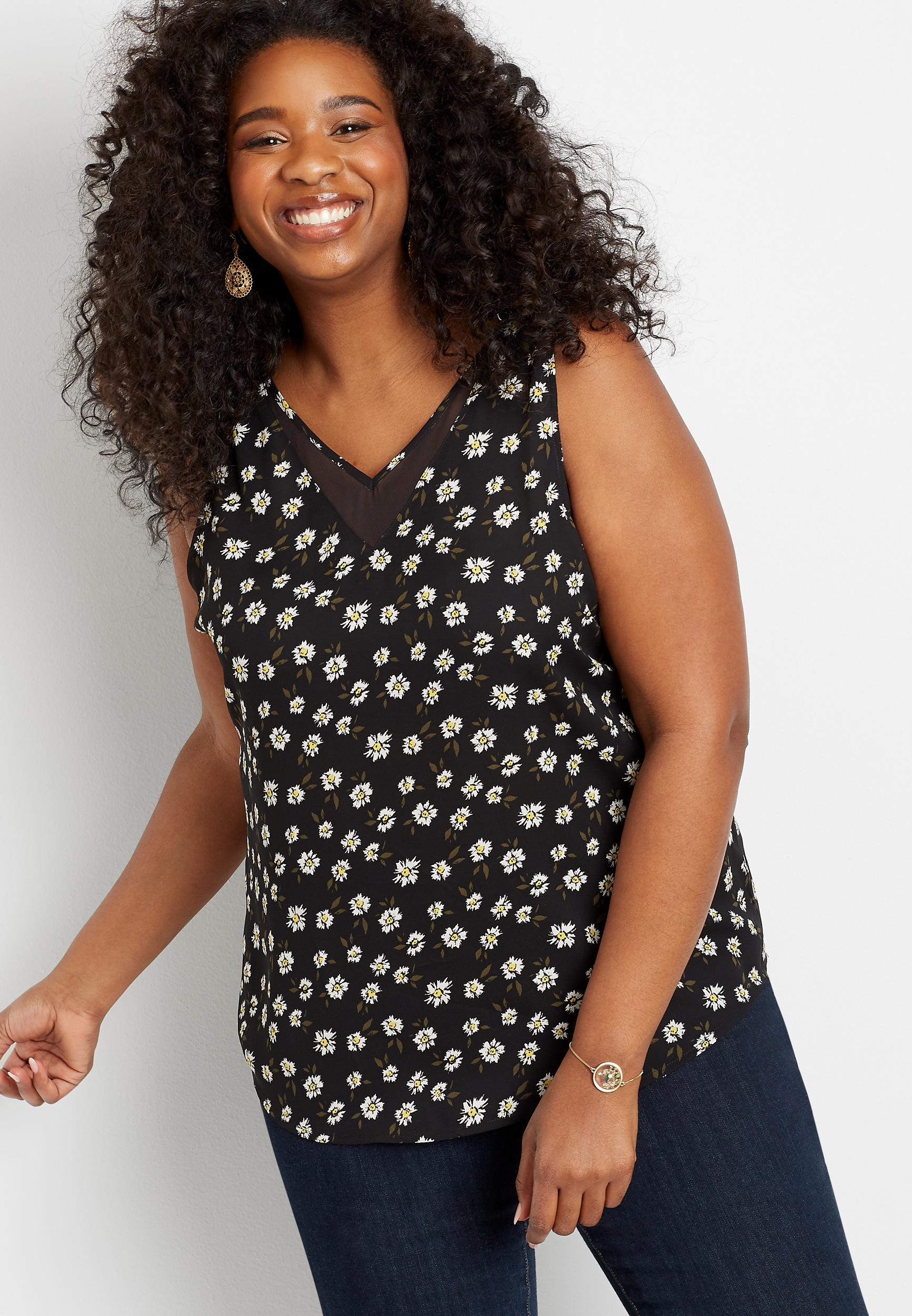 Plus Size Black Daisy Sheer Inset V Neck Tank Top | maurices