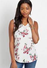 White Floral Sheer Inset V Neck Tank Top, SOFT WHITE COMBO, small