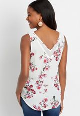 White Floral Sheer Inset V Neck Tank Top, SOFT WHITE COMBO, small