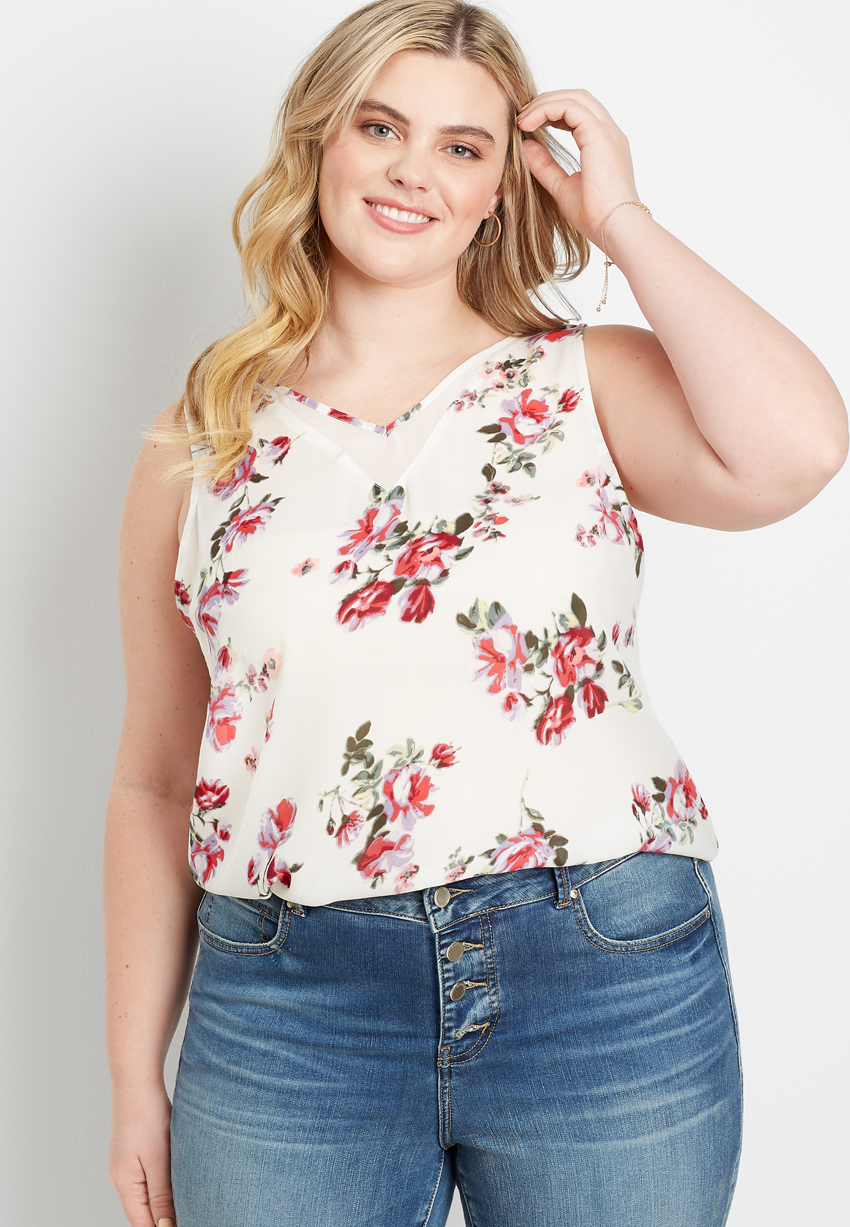 Plus Size White Floral Sheer Inset V Neck Tank Top