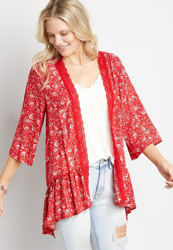 Red Floral Crochet Trim Kimono | maurices