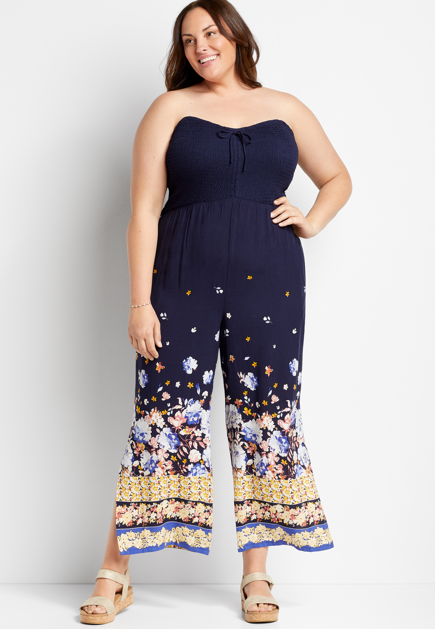 Plus Size Navy Floral Strapless Smocked Jumpsuit | maurices