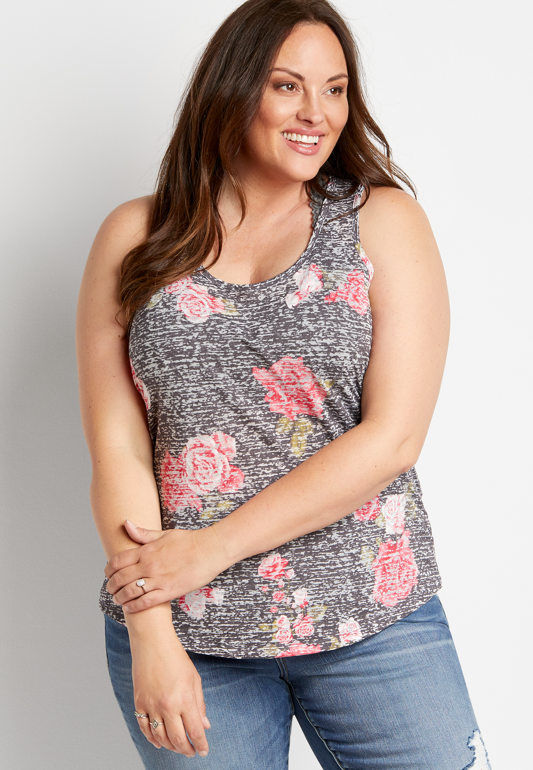 Plus Size 24/7 Gray Floral Knot Back Tank Top | maurices
