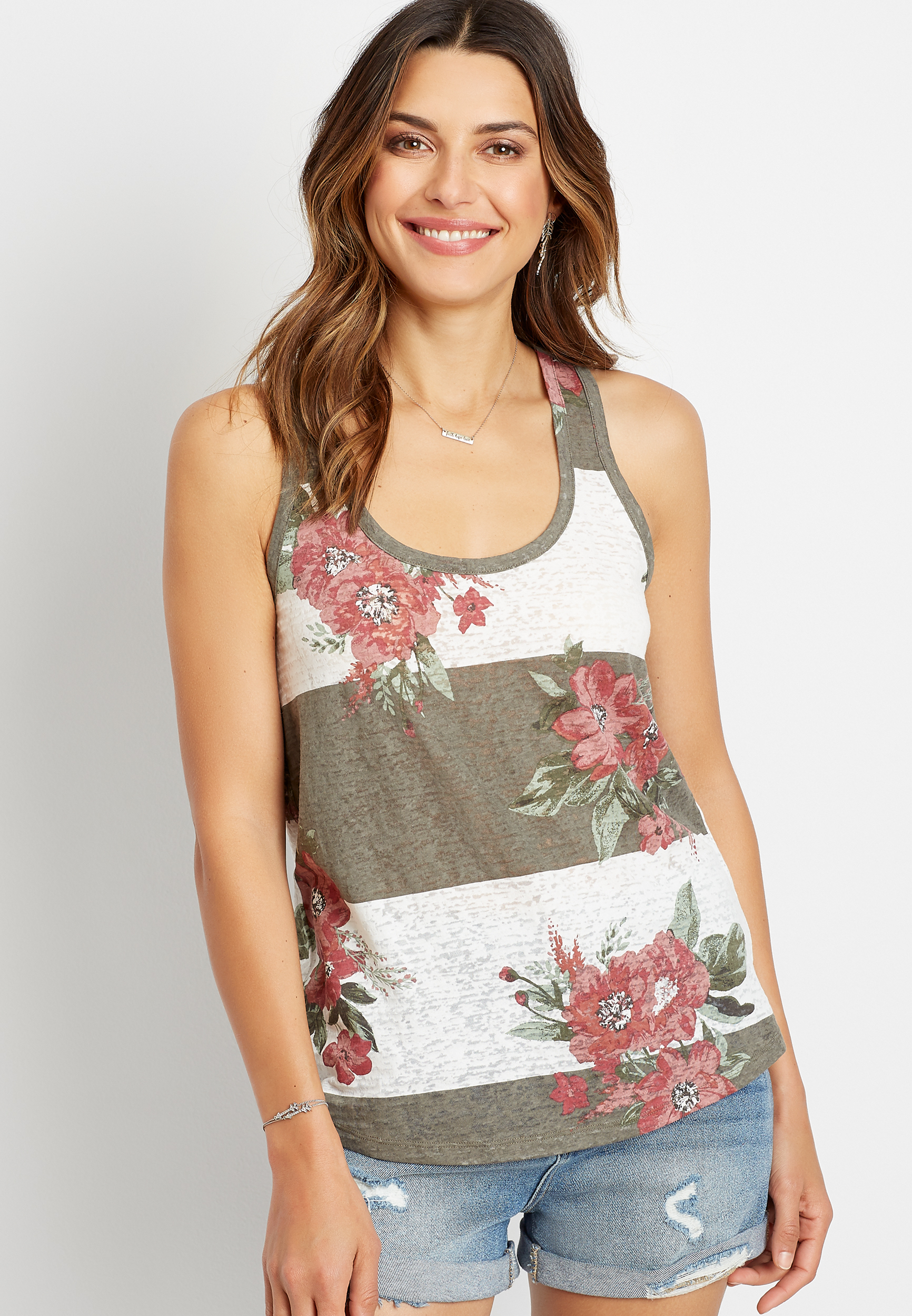 24/7 Floral Stripe Knot Back Tank Top | maurices