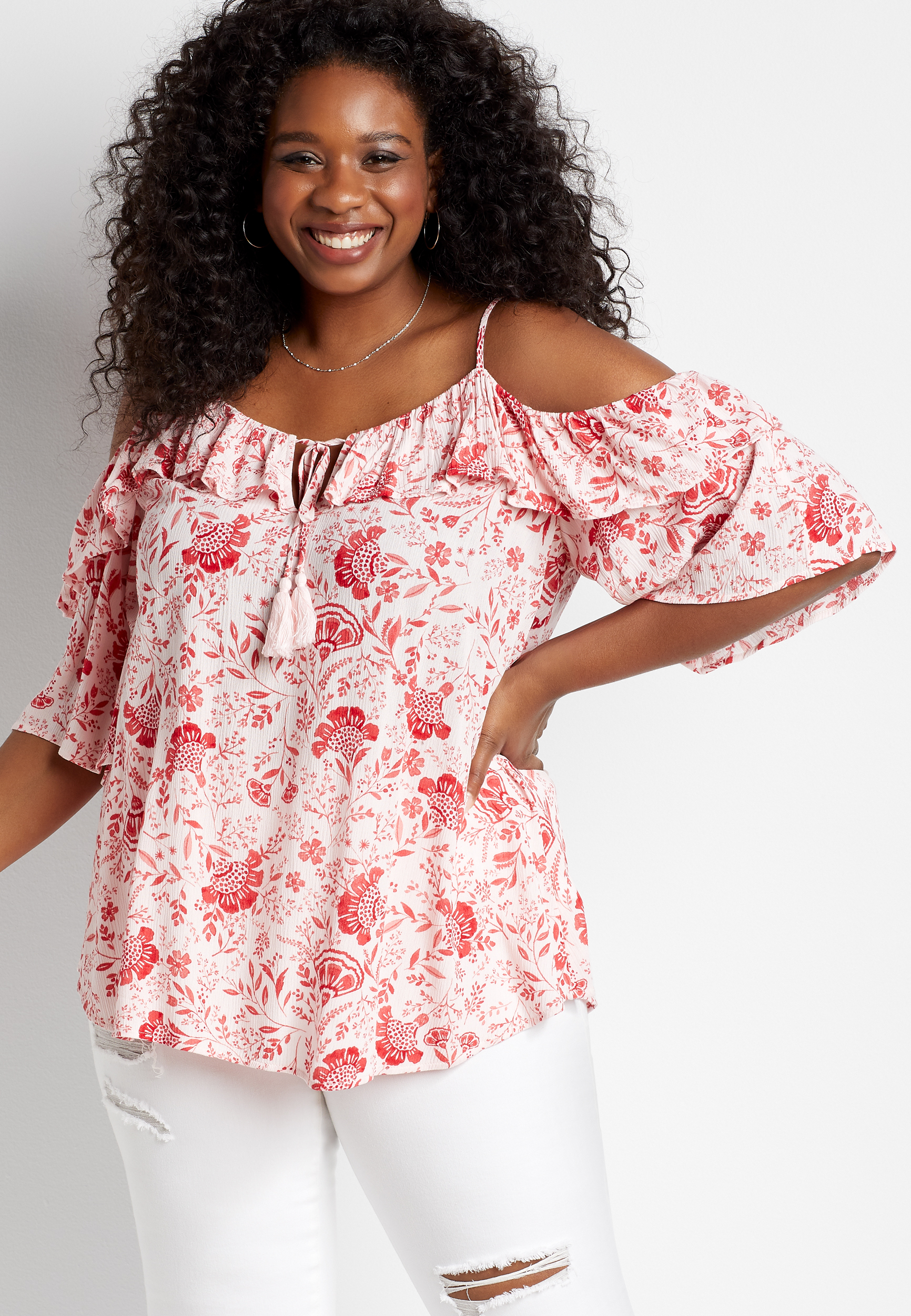 Plus Size White Floral Cold Shoulder Top | maurices
