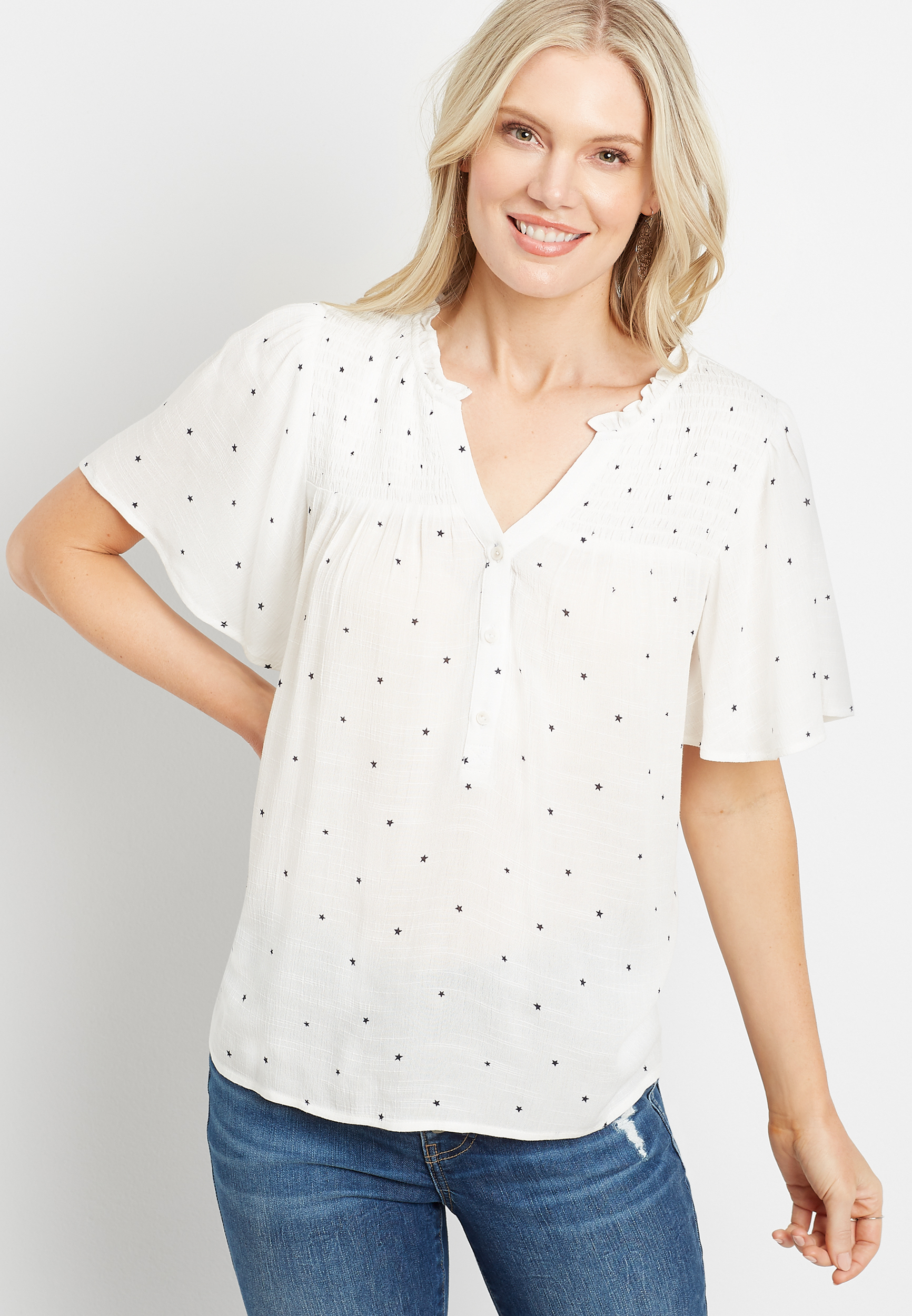 White Star Flutter Sleeve Button Front Top | maurices