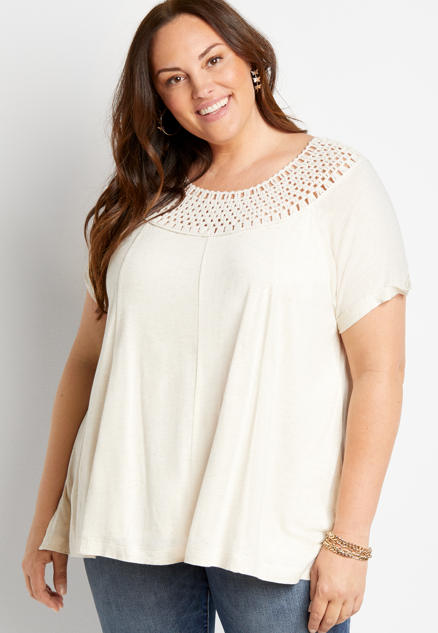 Plus Size Oatmeal Macrame Neck Top | maurices