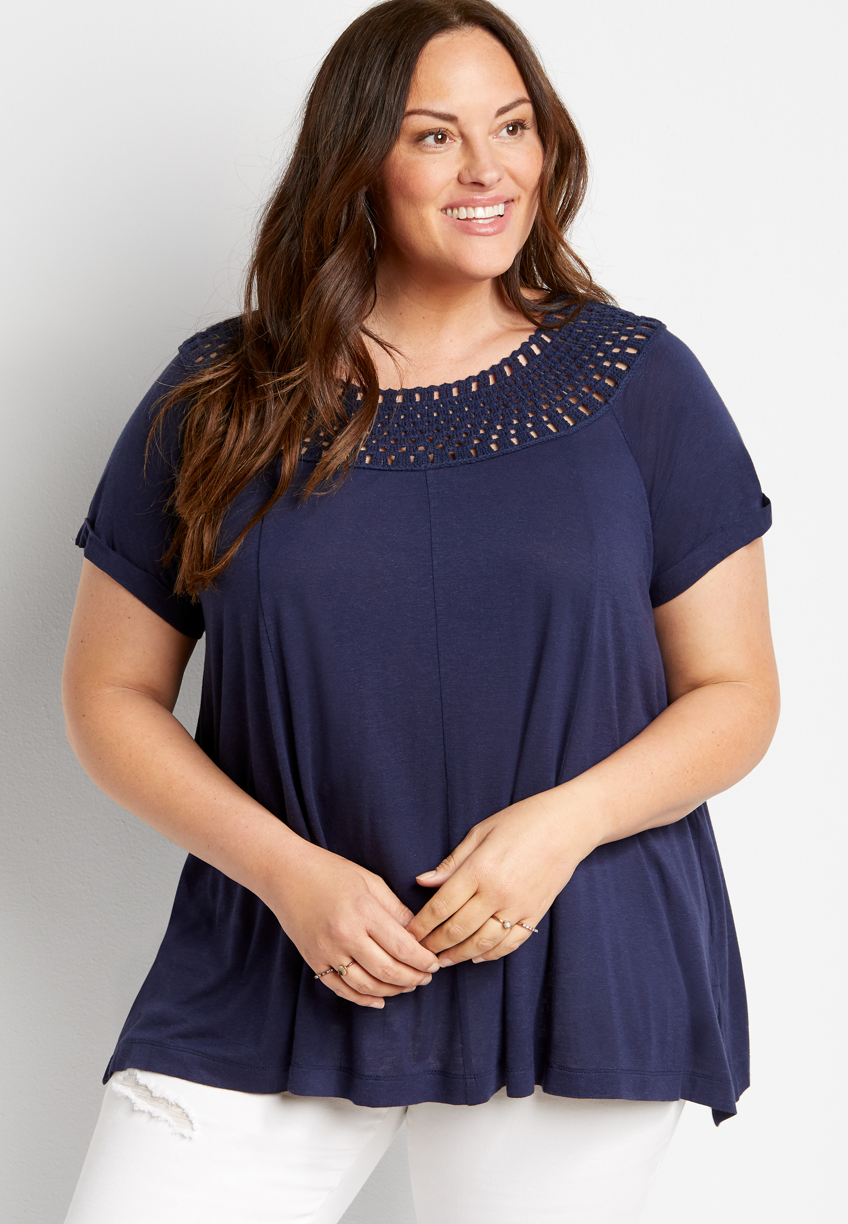 Plus Size Navy Macrame Neck Top | maurices