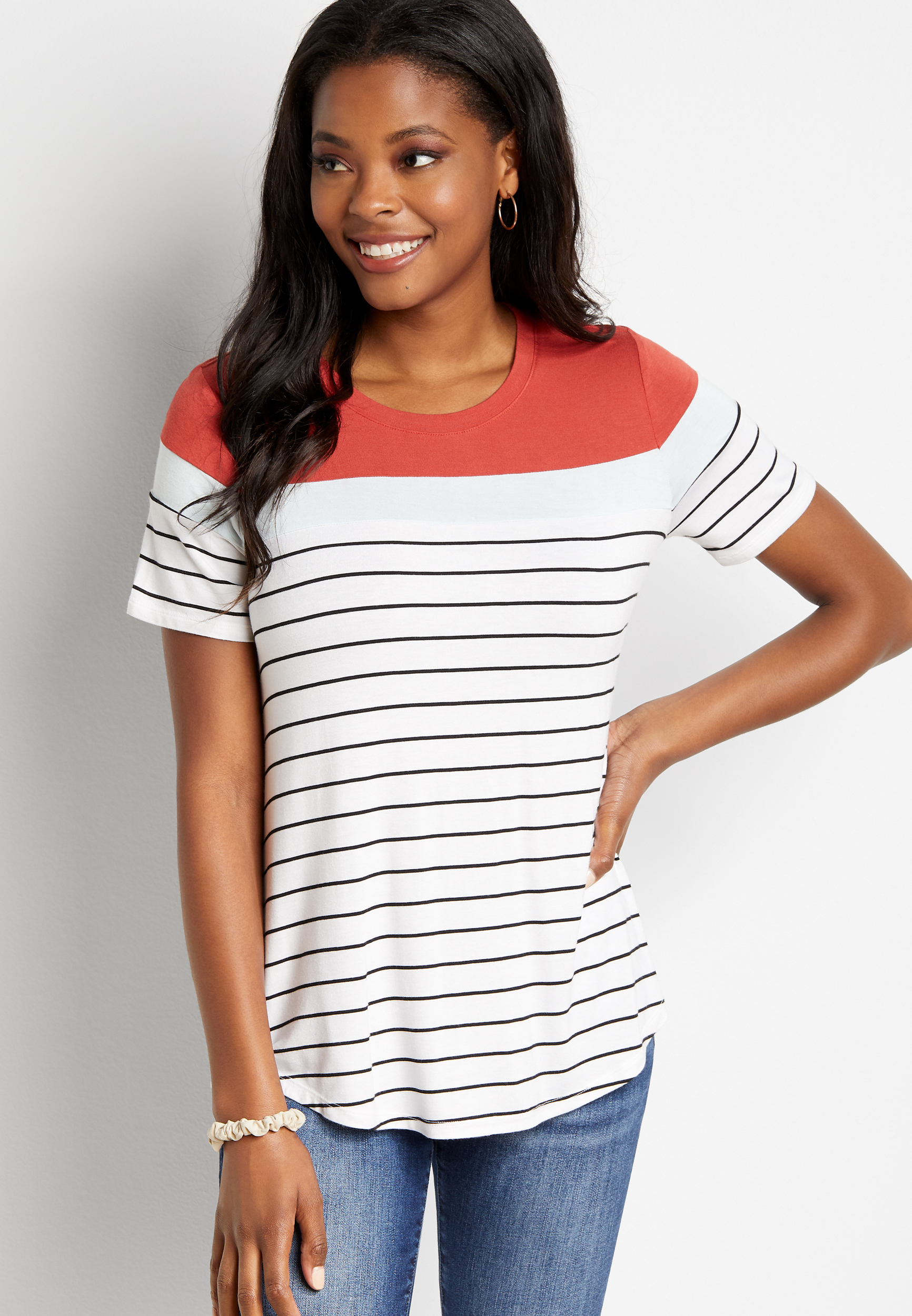 24/7 White Striped Colorblock Baseball Tee maurices