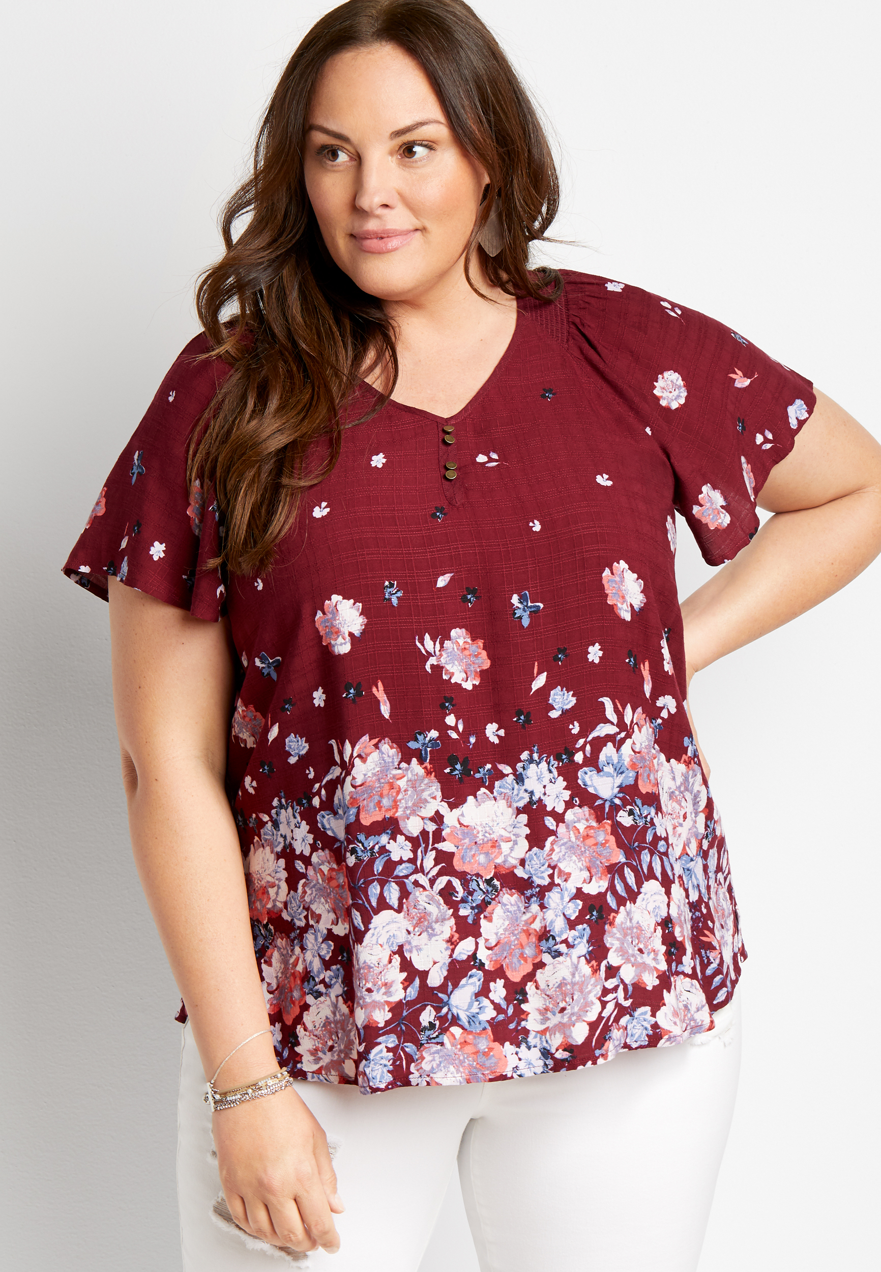 Plus Size Red Floral Flutter Sleeve Button Front Top | maurices