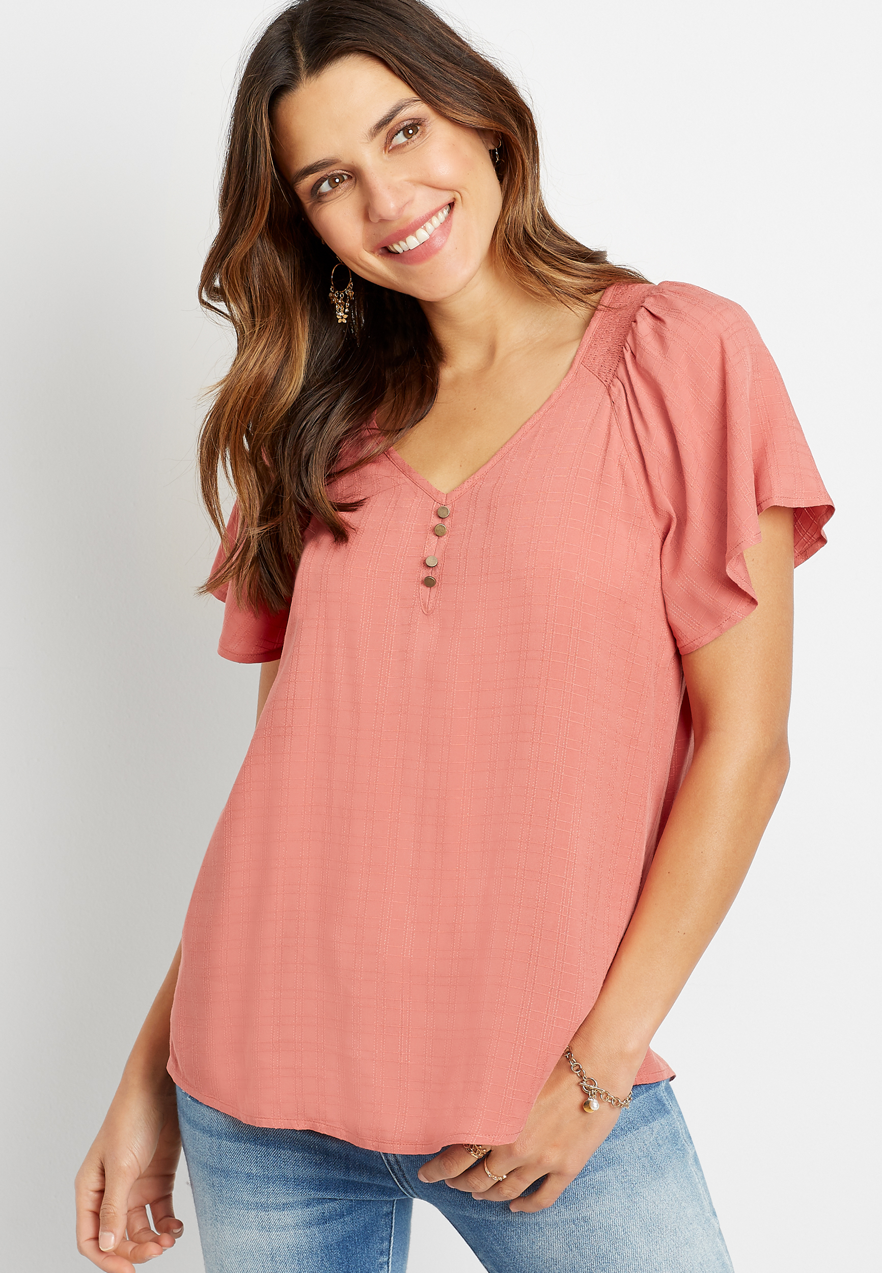 Solid Flutter Sleeve Button Front Top | maurices