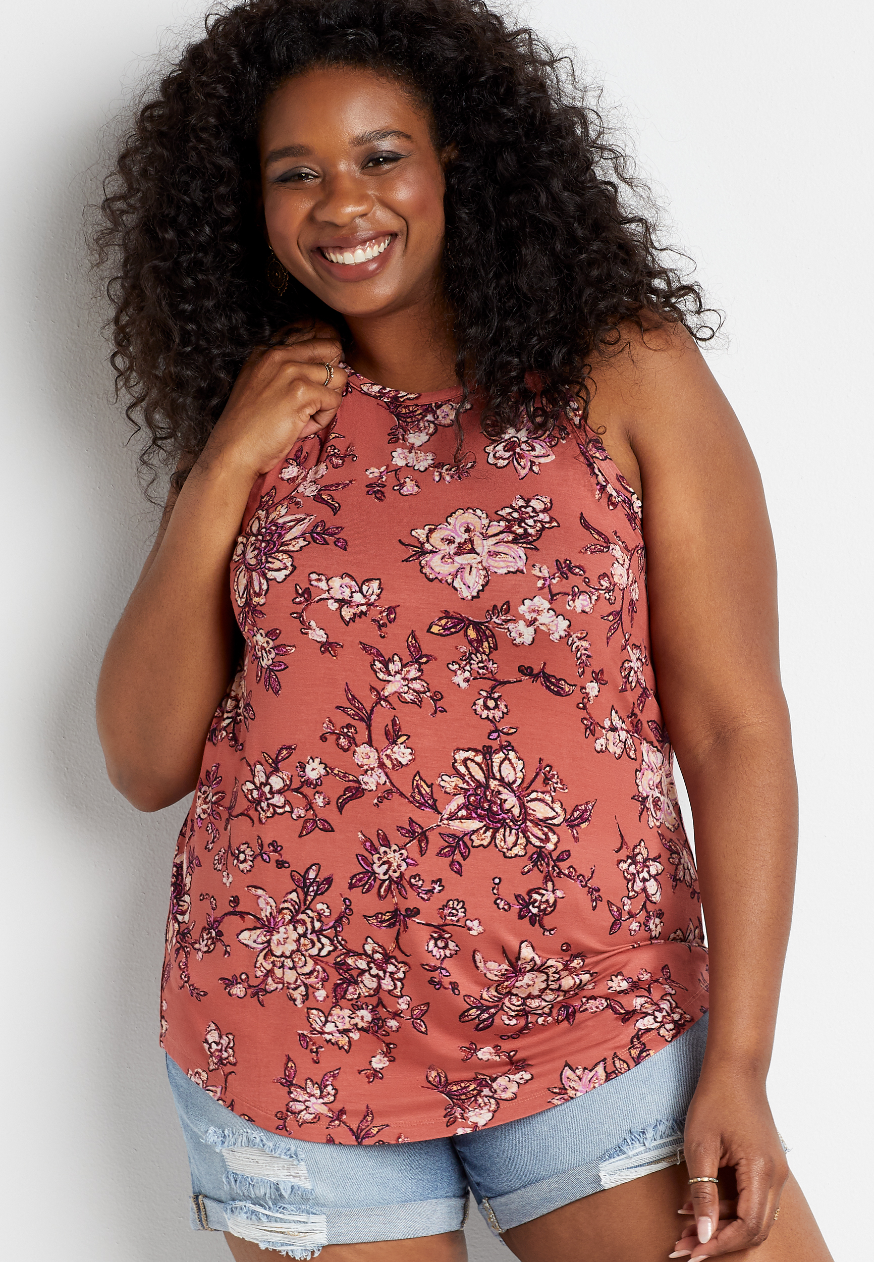 Plus Size 24/7 Rose Floral High Neck Tank Top | maurices