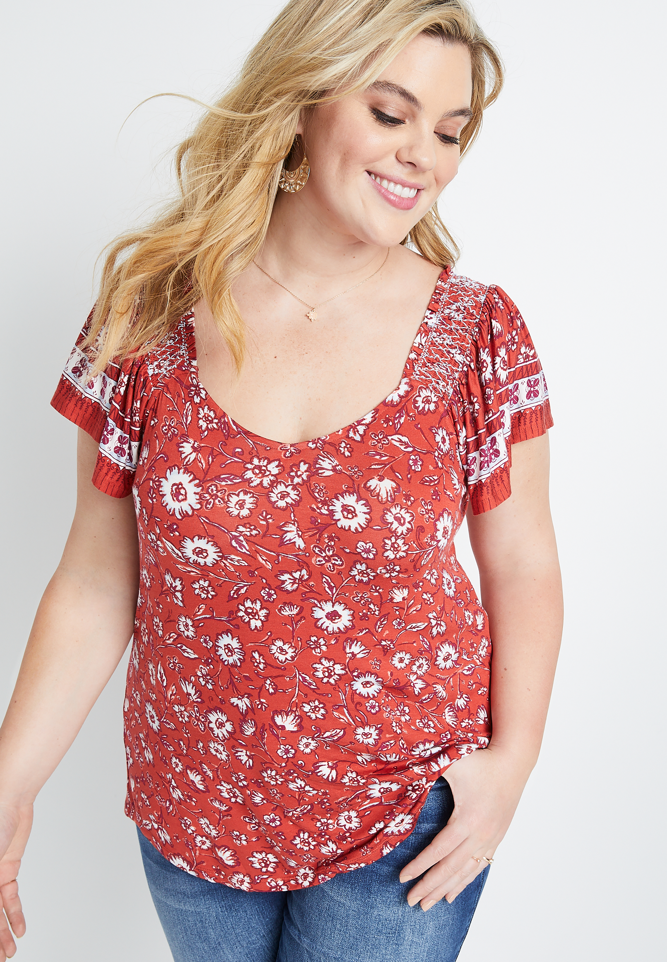 Plus Size Red Floral Smocked Flutter Sleeve Blouse | maurices