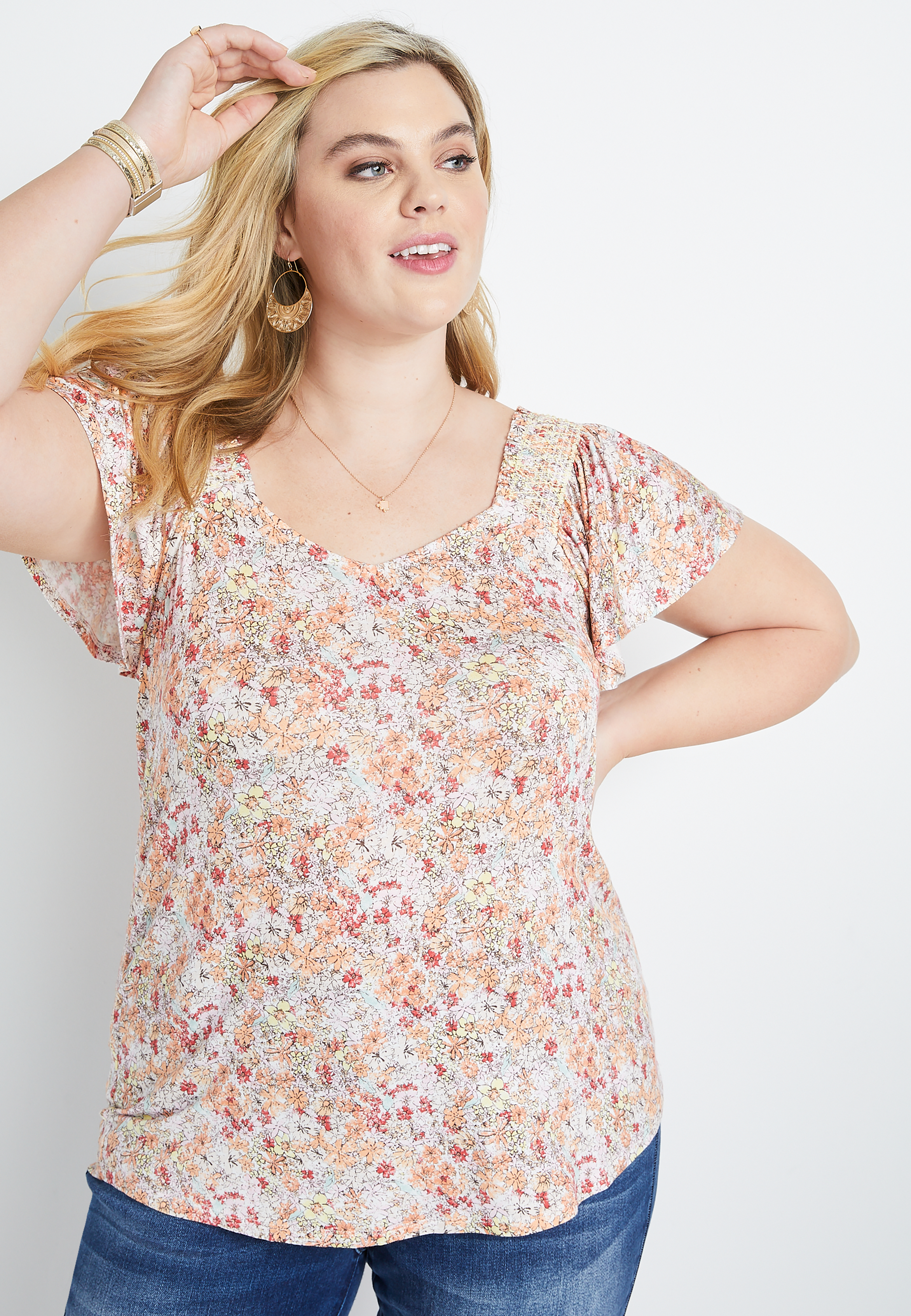 Plus Size Ditsy Floral Smocked Flutter Sleeve Blouse | maurices