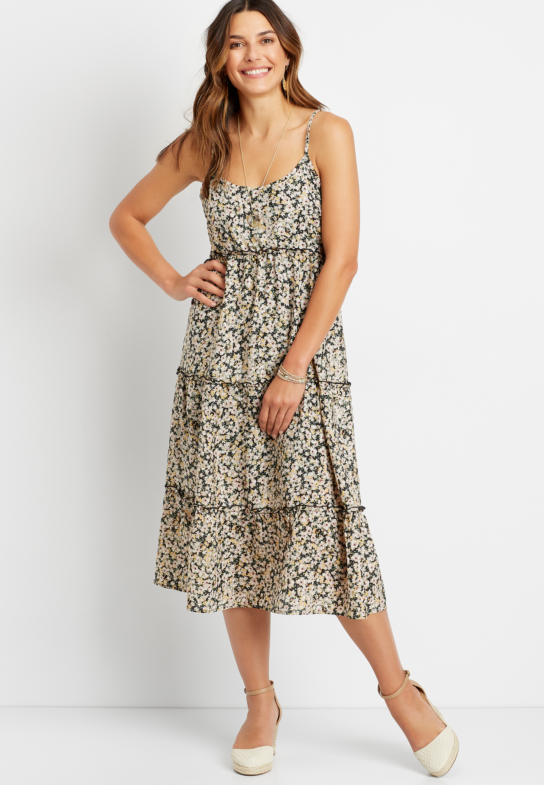Black Floral Tiered Midi Dress | maurices
