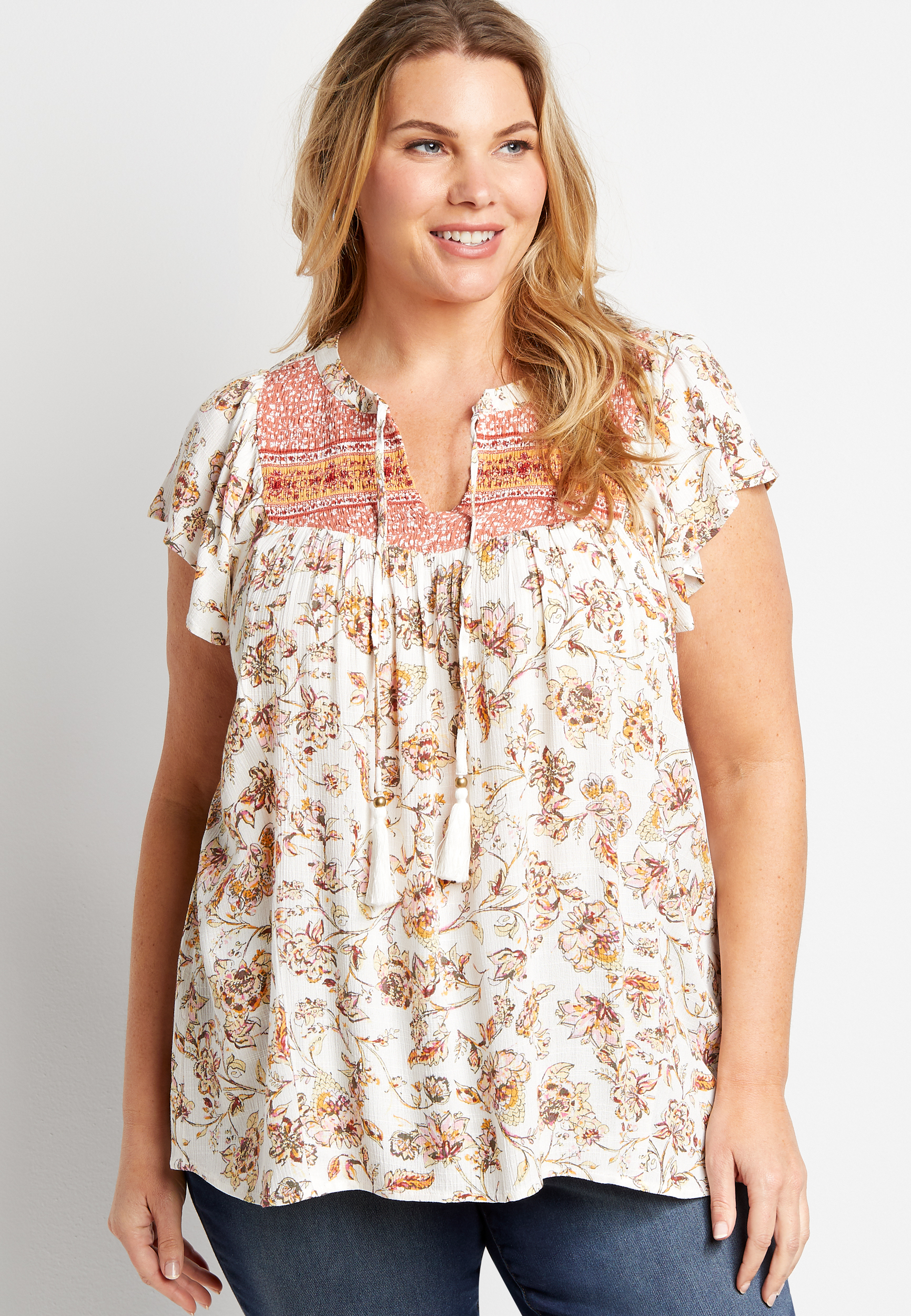 Plus Size White Floral Flutter Sleeve Top | maurices