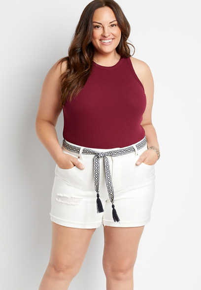 Plus Size High Rise White Vintage Belted 5in Short