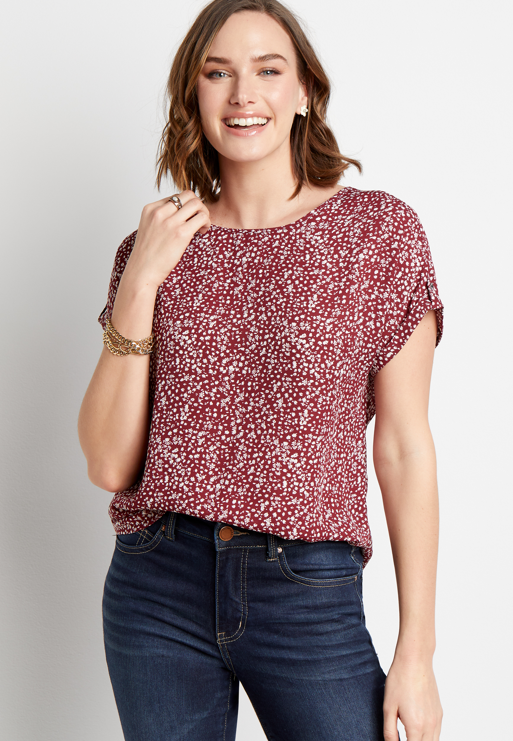 Red Dainty Floral Zipper Back Short Sleeve Blouse | maurices