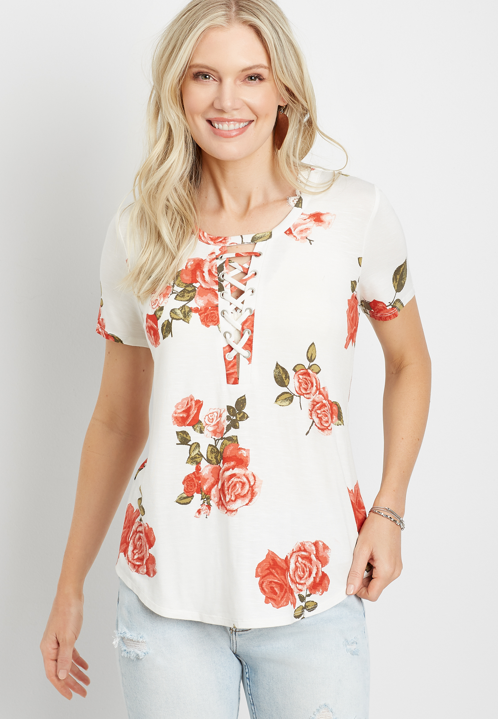 White Floral Lace Up Retro Tee | maurices