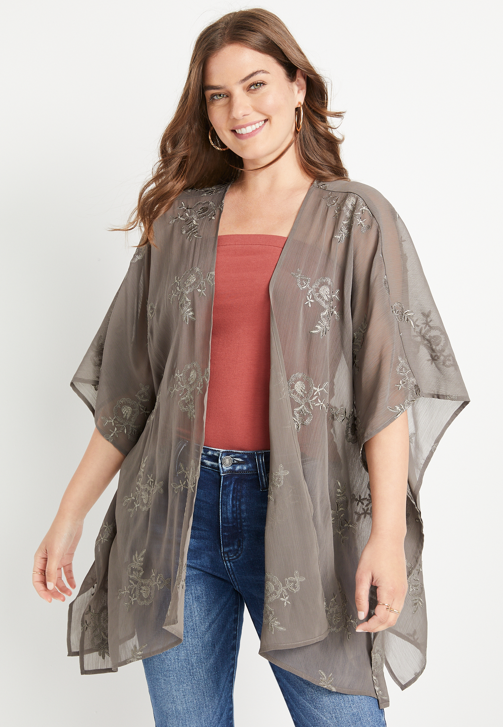 Olive Embroidered Side Slit Kimono | maurices