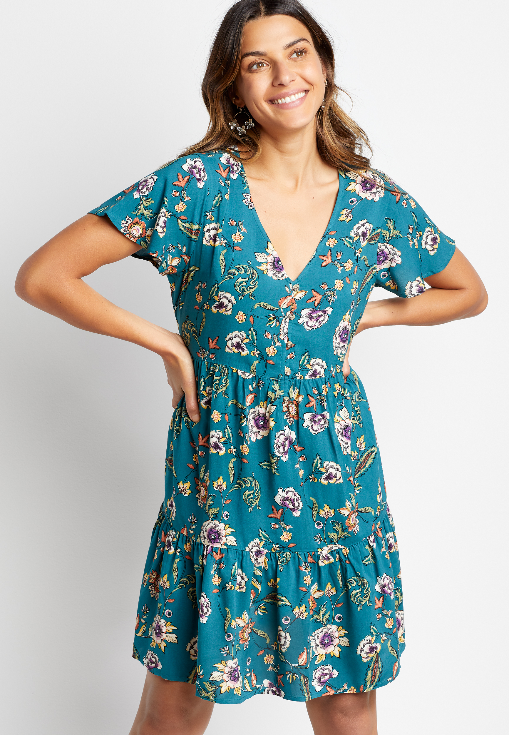 Floral Button Front Babydoll Dress | maurices