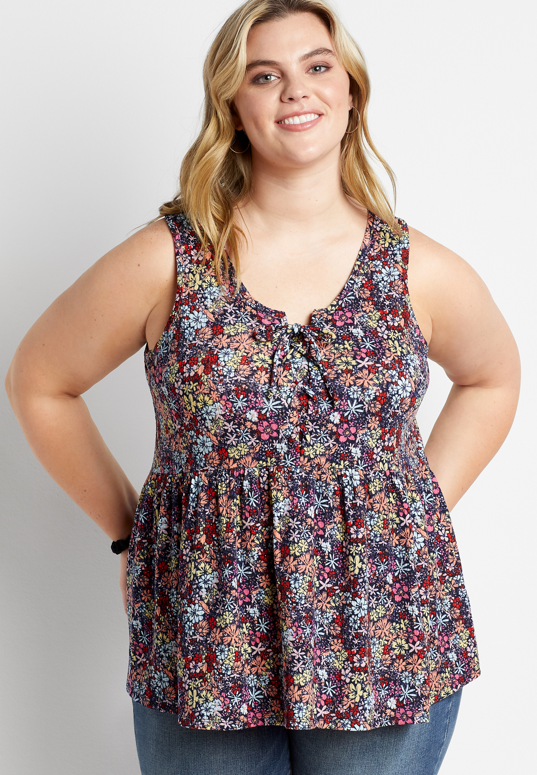 Plus Size Blue Floral Lace Up Babydoll Tank Top | maurices