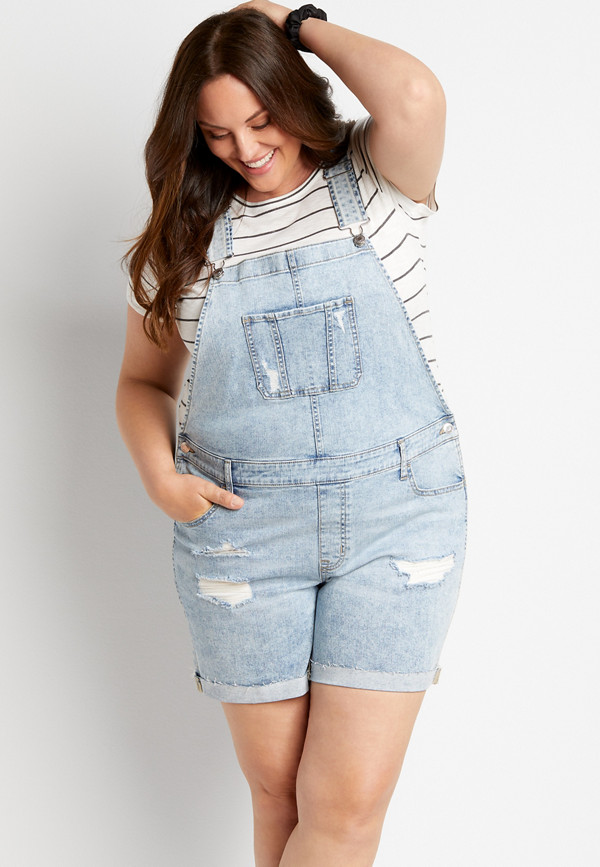 Plus Size Light Wash Ripped Cuffed 6in Short Overall | maurices