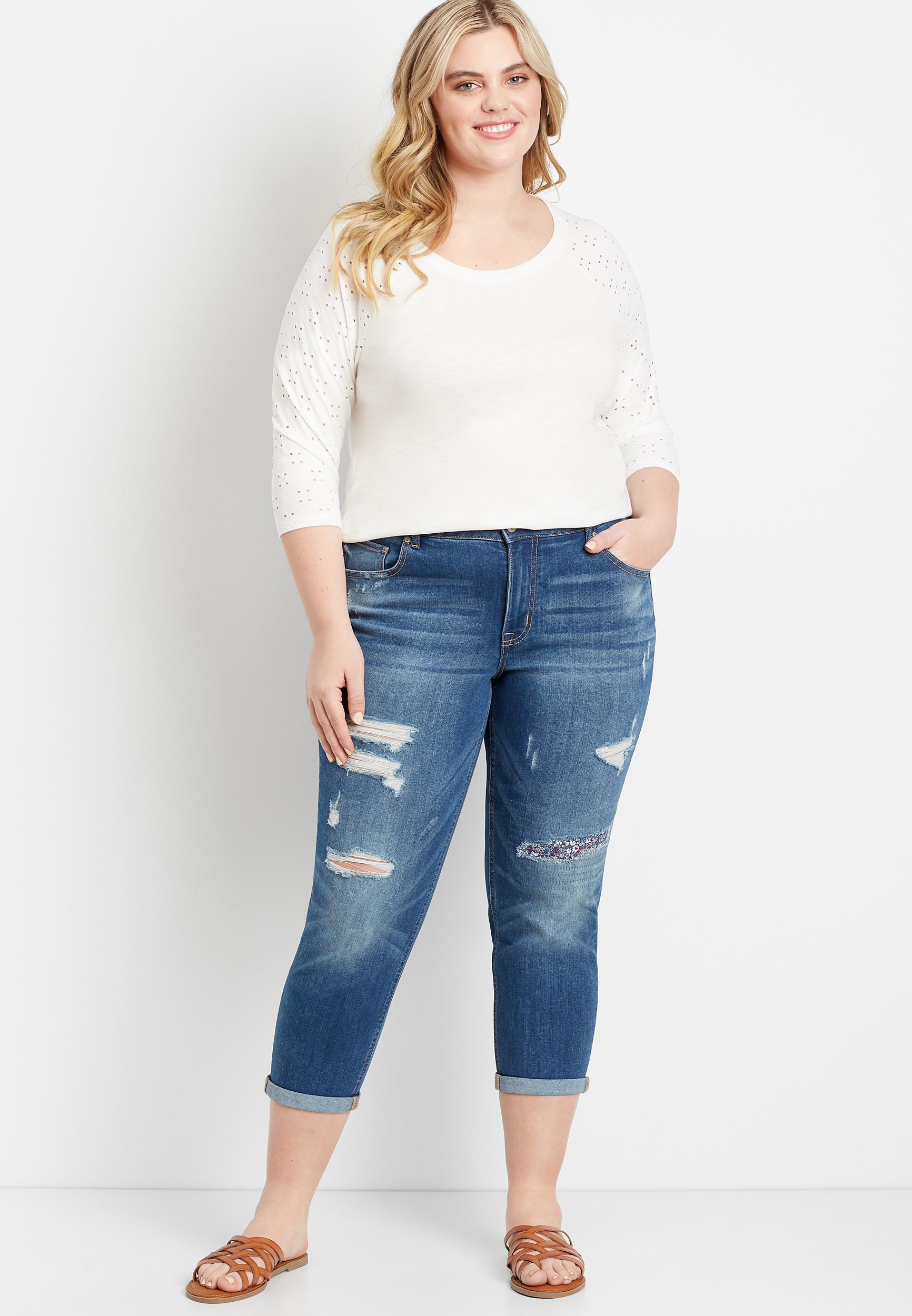 Plus Size Dark Floral Backed Ripped Boyfriend Crop Jean | maurices