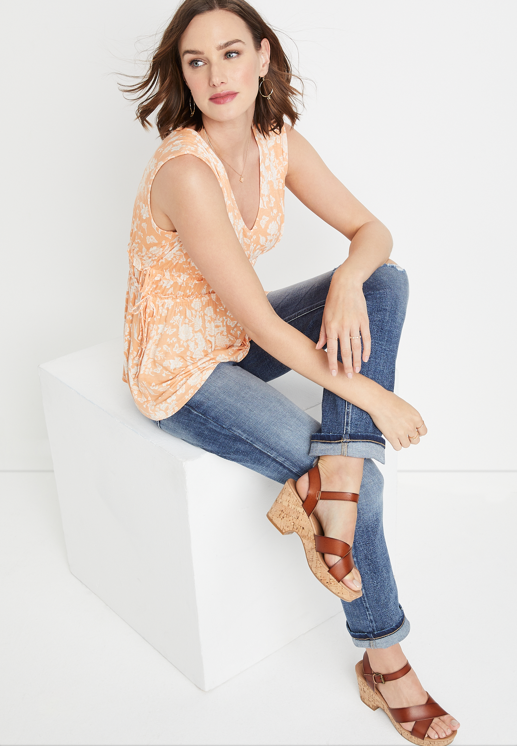 Orange Floral Ruffle Waist Tank Top, C2668, large