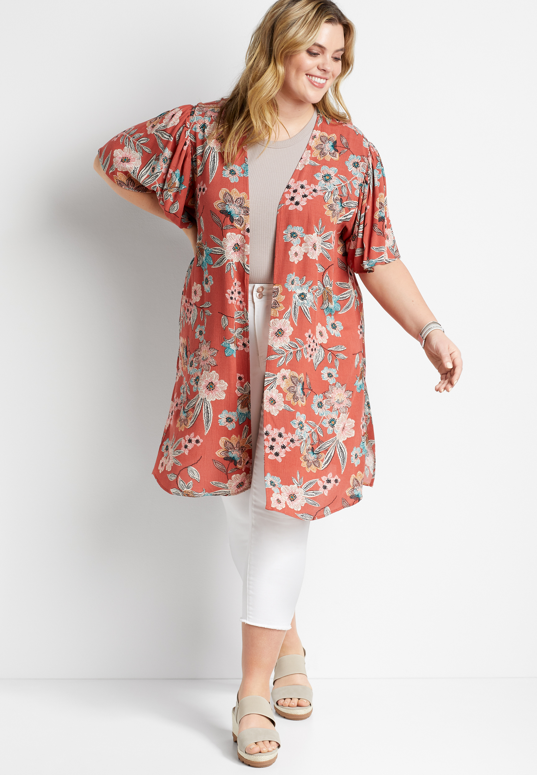 Plus Size Floral Flutter Sleeve Kimono | maurices