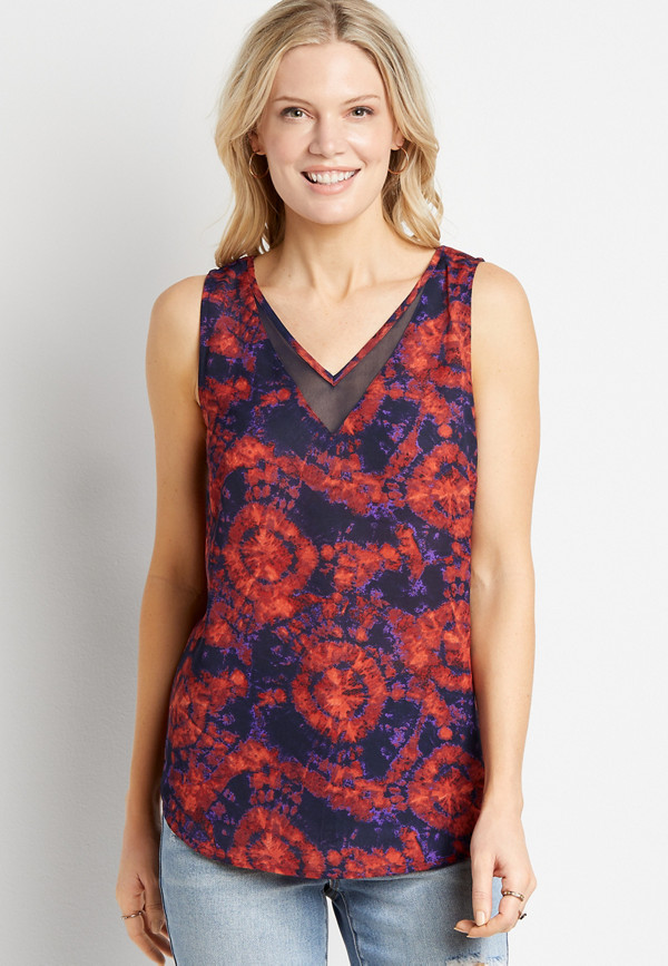 Navy Tie Dye Sheer Inset V Neck Tank Top | maurices