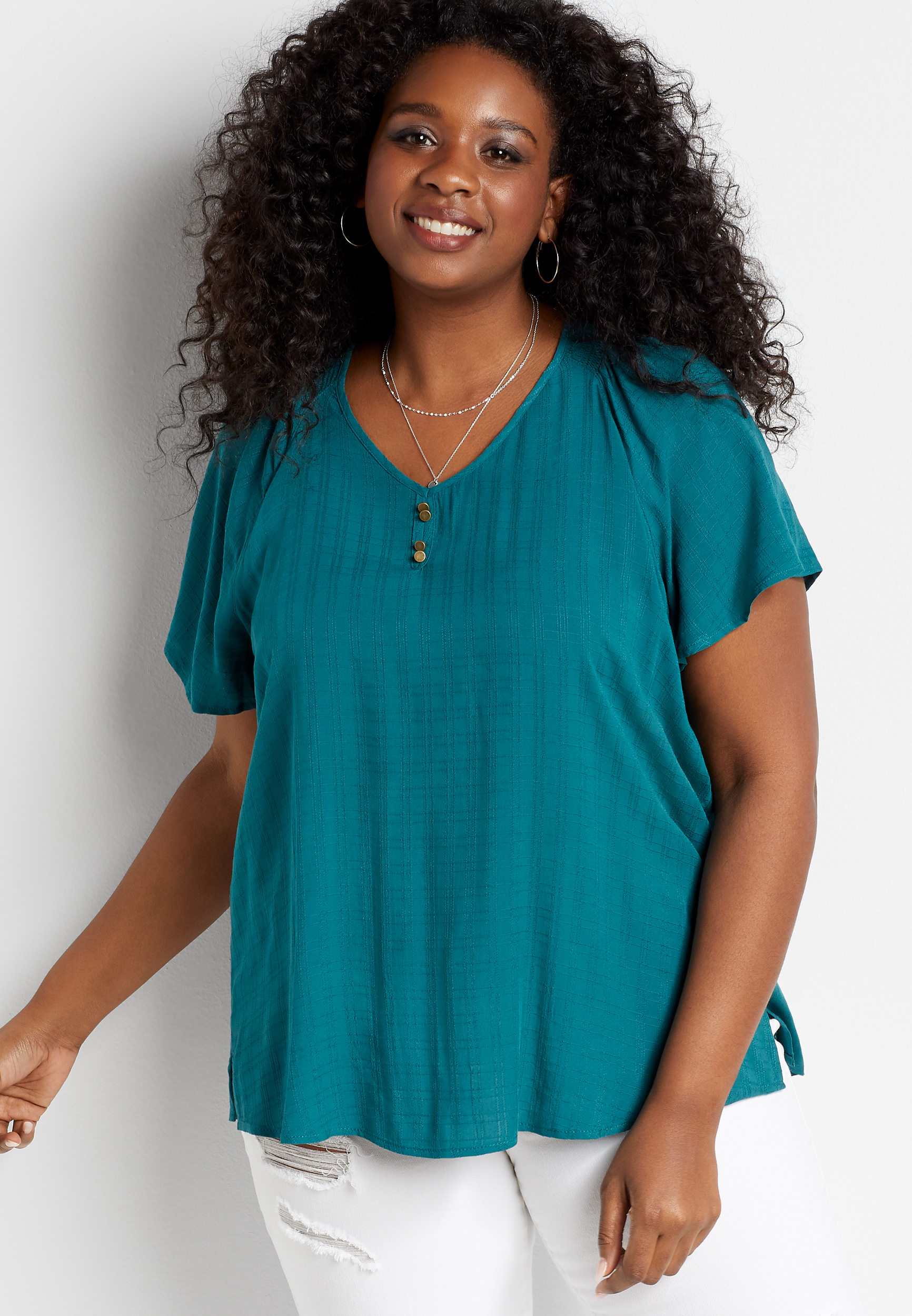 Plus Size Teal Flutter Sleeve Blouse | maurices